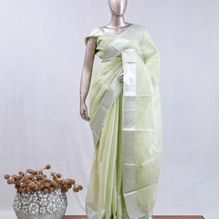 Pastel Pistachio Green tissue cotton linen Saree SAN5485