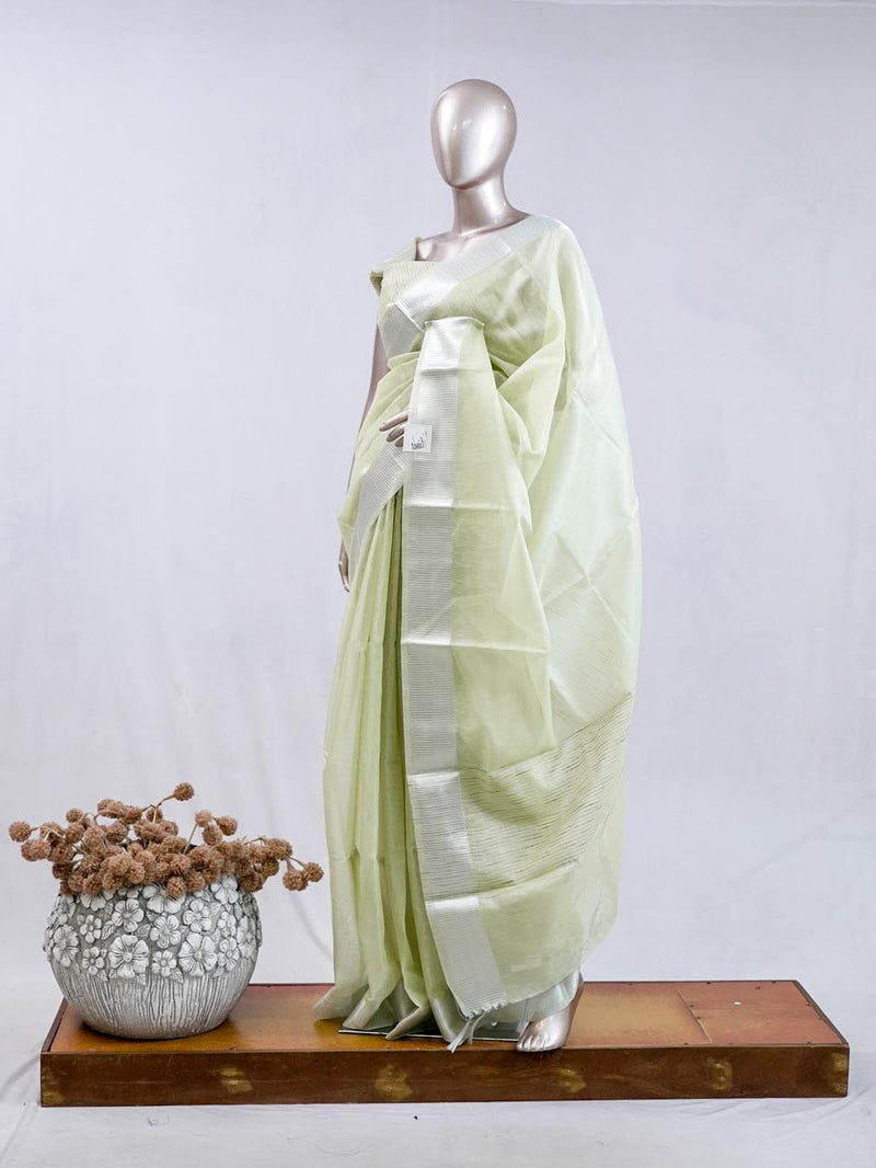 Pastel Pistachio Green tissue cotton linen Saree SAN5485