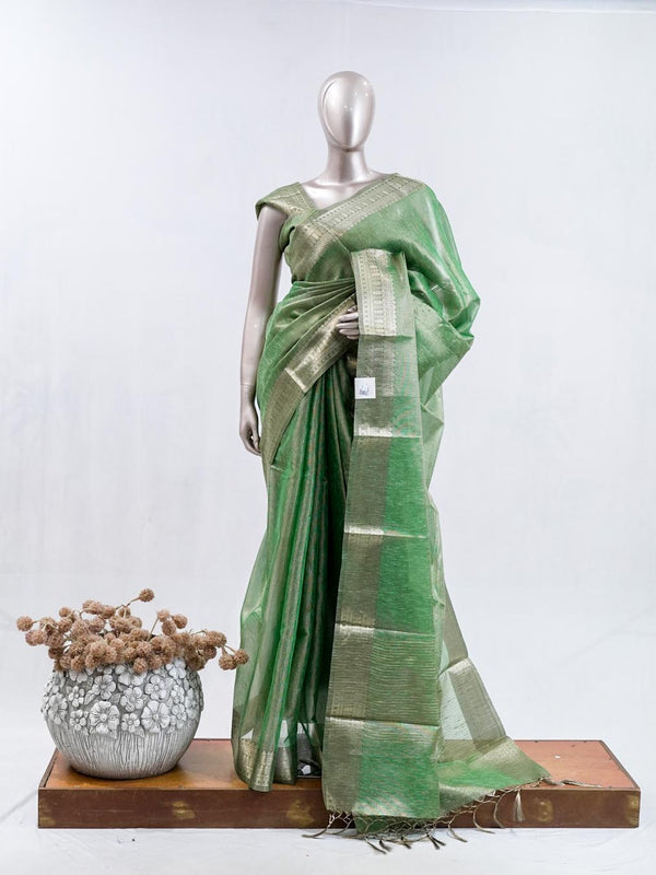 ⁠Emerald Green Tissue Organza Saree SAN5485