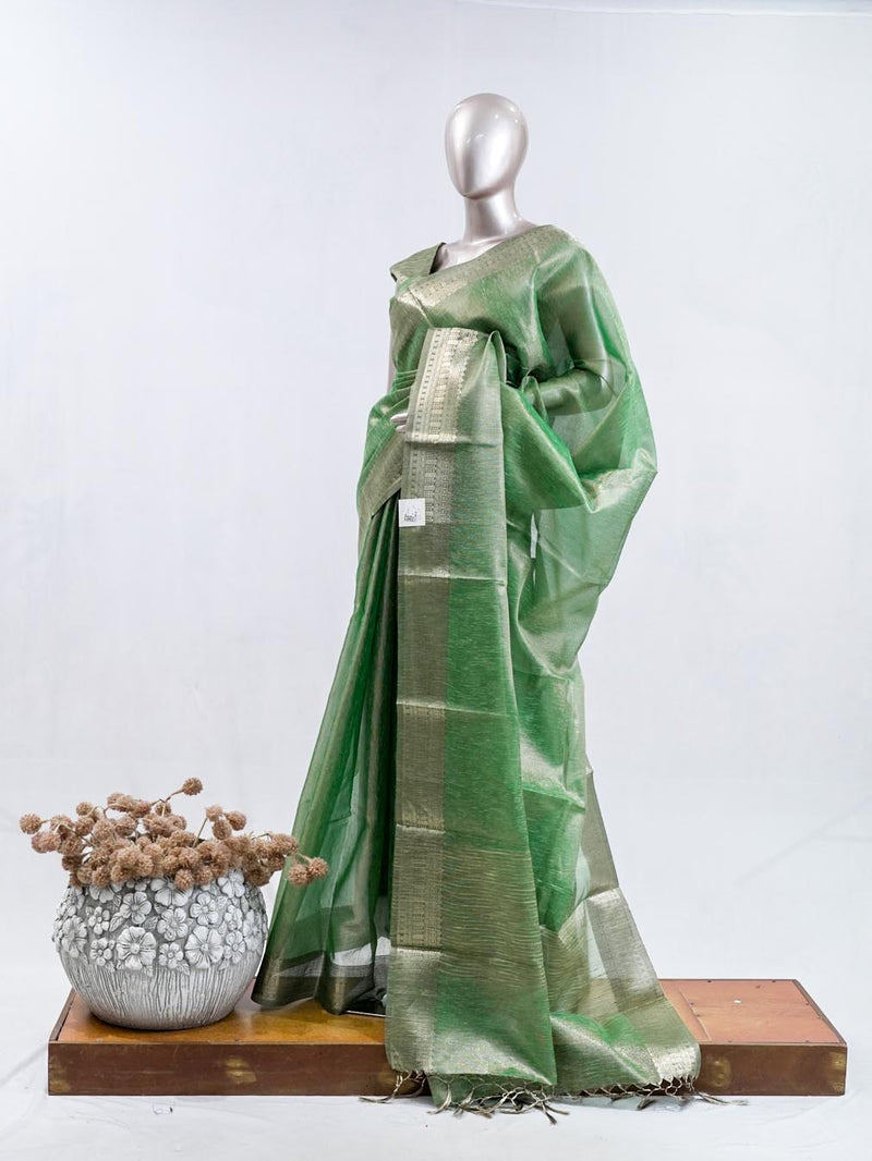 ⁠Emerald Green Tissue Organza Saree SAN5485