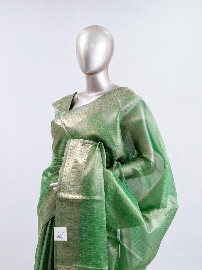 ⁠Emerald Green Tissue Organza Saree SAN5485