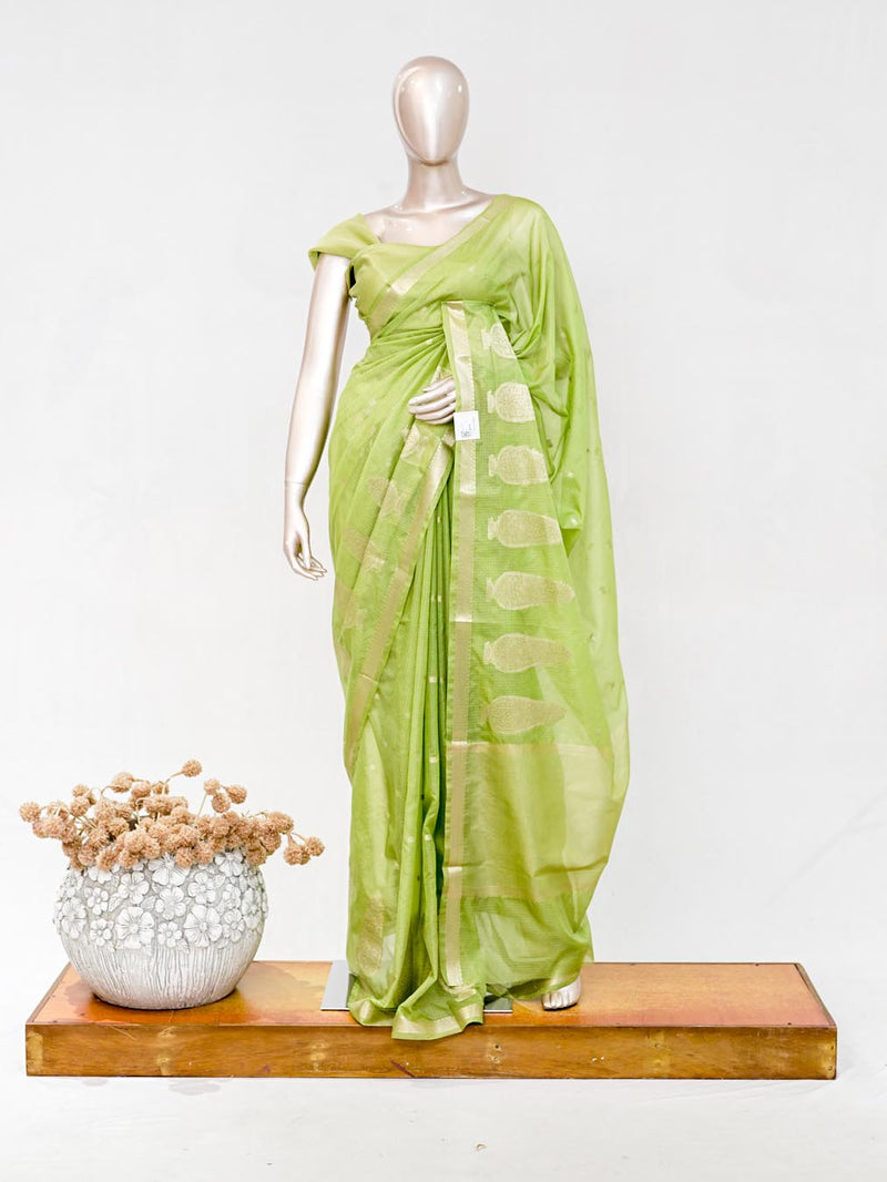 Lime Green Semi Silk Kota Saree with Gold Zari Border SAN5486
