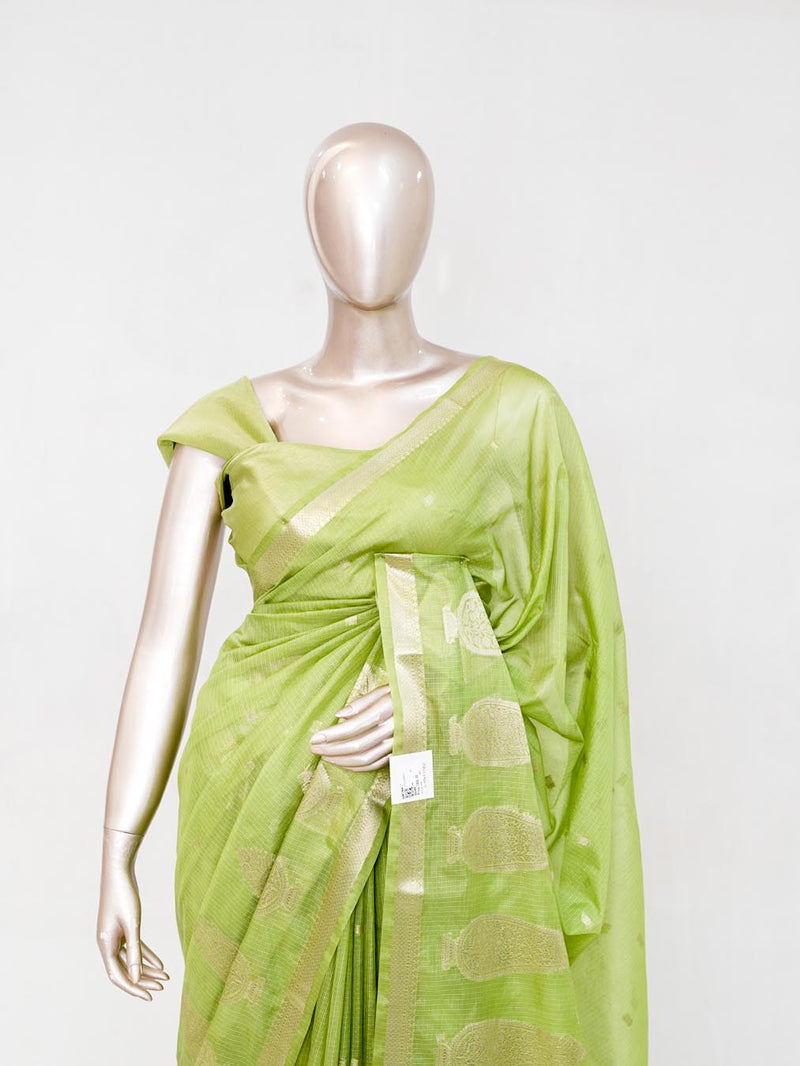 Lime Green Semi Silk Kota Saree with Gold Zari Border SAN5486