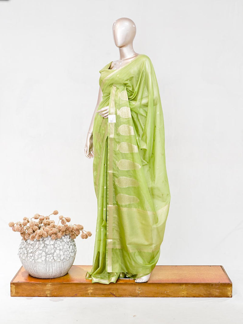 Lime Green Semi Silk Kota Saree with Gold Zari Border SAN5486