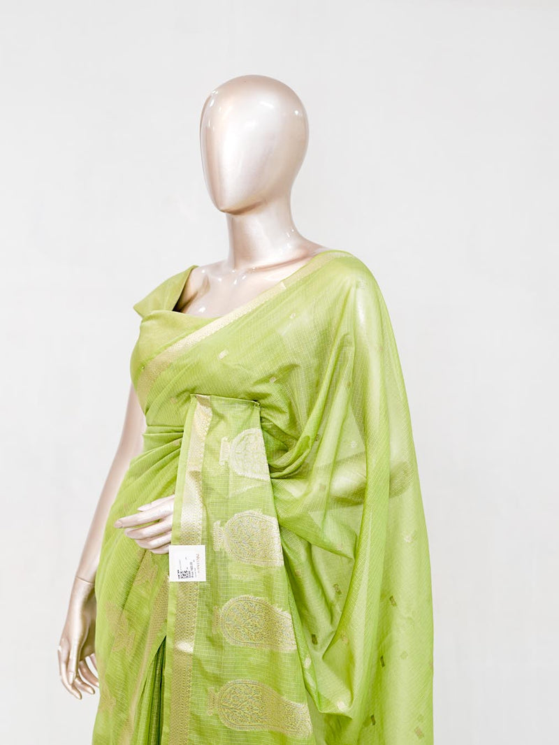 Lime Green Semi Silk Kota Saree with Gold Zari Border SAN5486