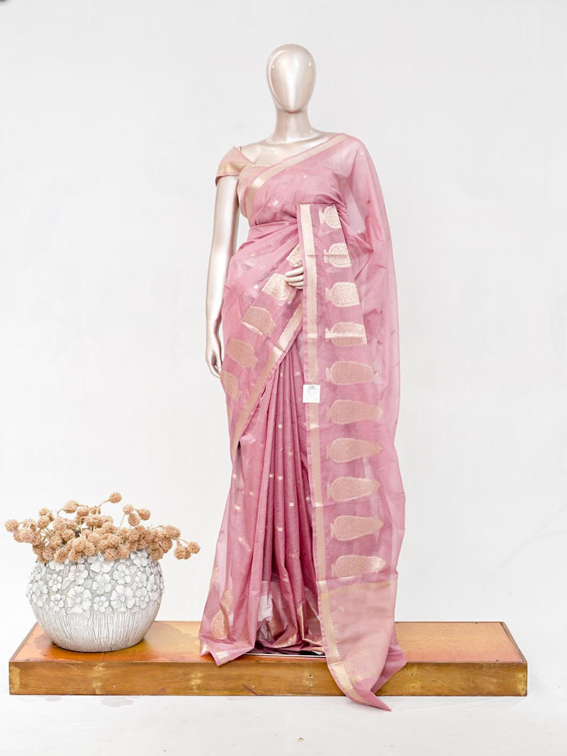 Blush Pink Semi Silk Kota Saree with Gold Zari Border SAN5486