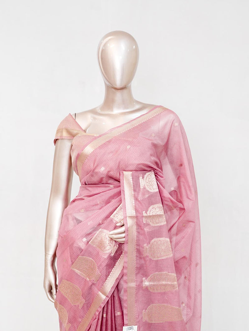 Blush Pink Semi Silk Kota Saree with Gold Zari Border SAN5486