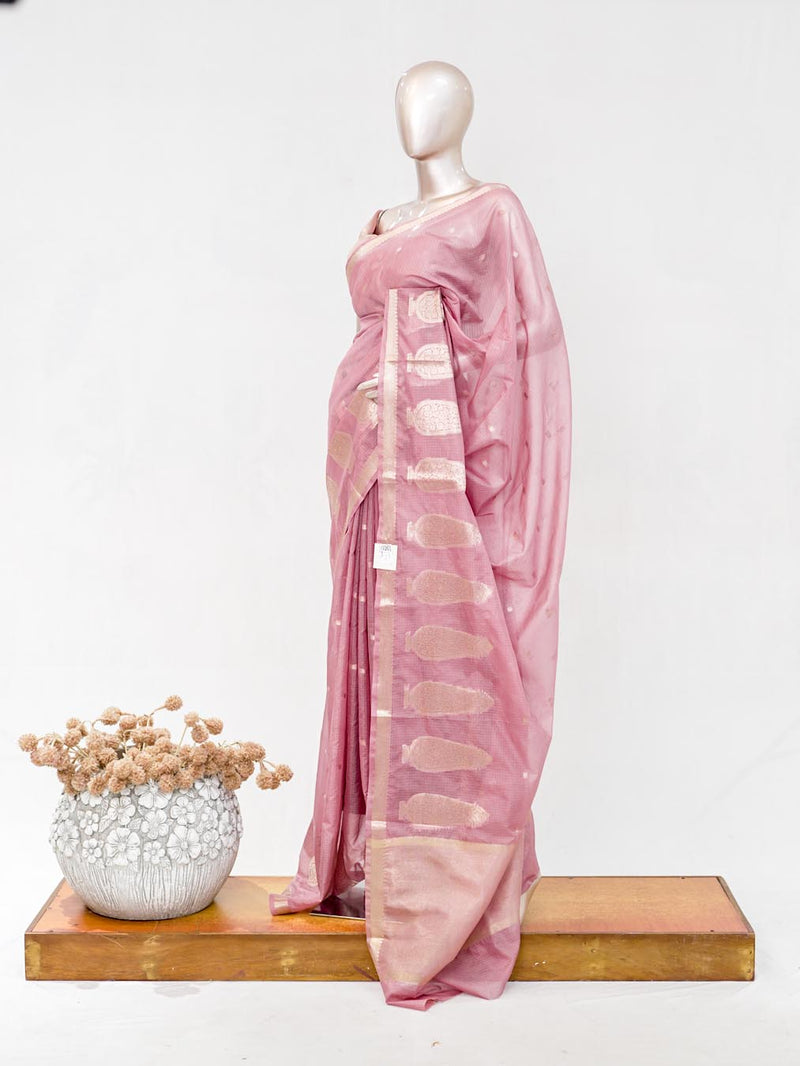 Blush Pink Semi Silk Kota Saree with Gold Zari Border SAN5486