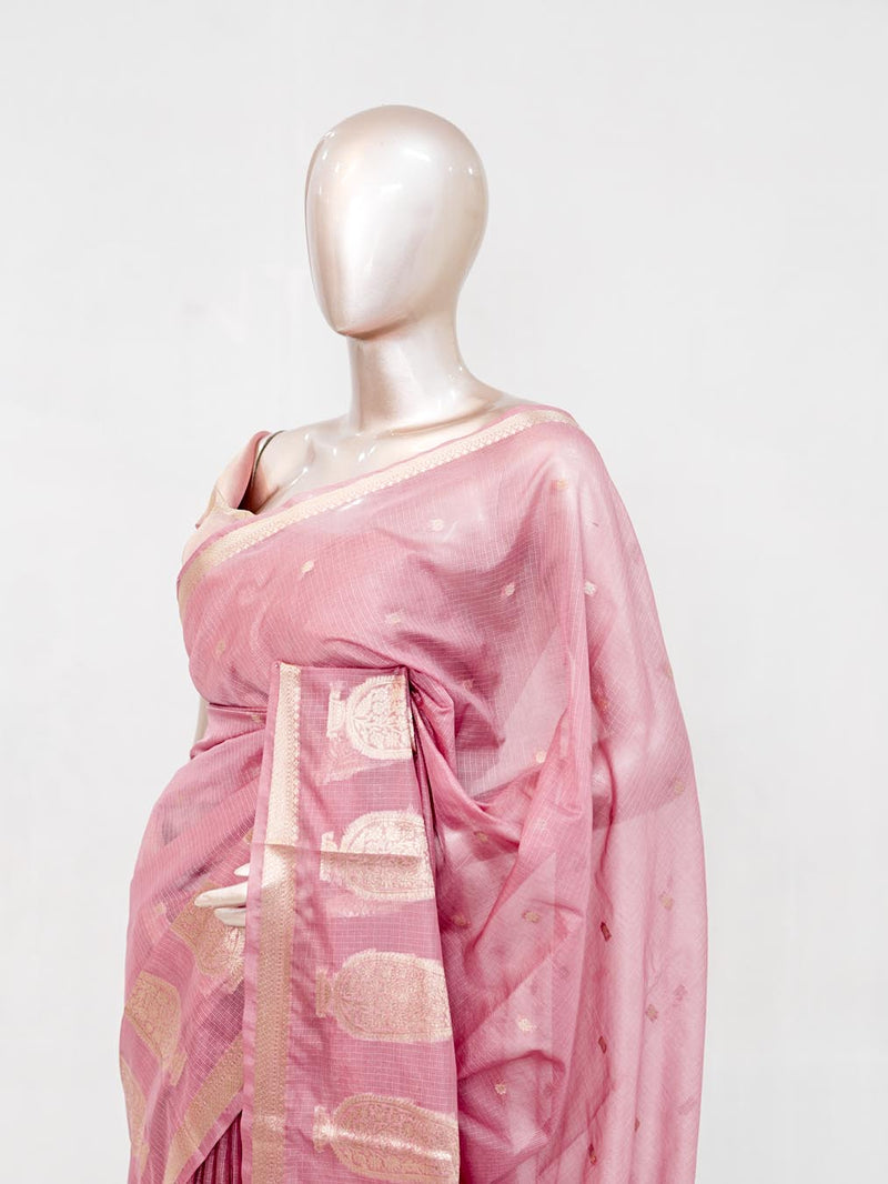 Blush Pink Semi Silk Kota Saree with Gold Zari Border SAN5486