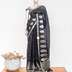 Charcoal Black Semi Silk Kota Saree with Silver Zari Border  SAN5486