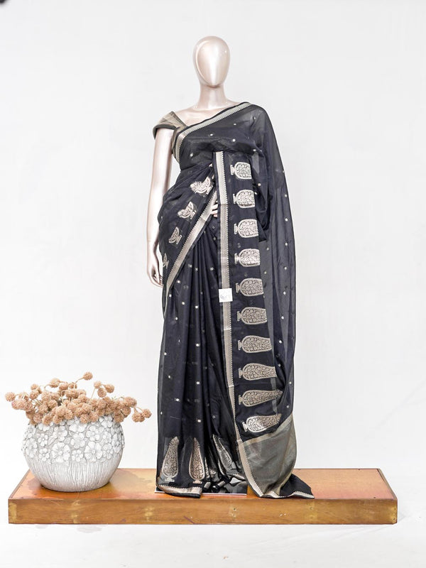Charcoal Black Semi Silk Kota Saree with Silver Zari Border  SAN5486