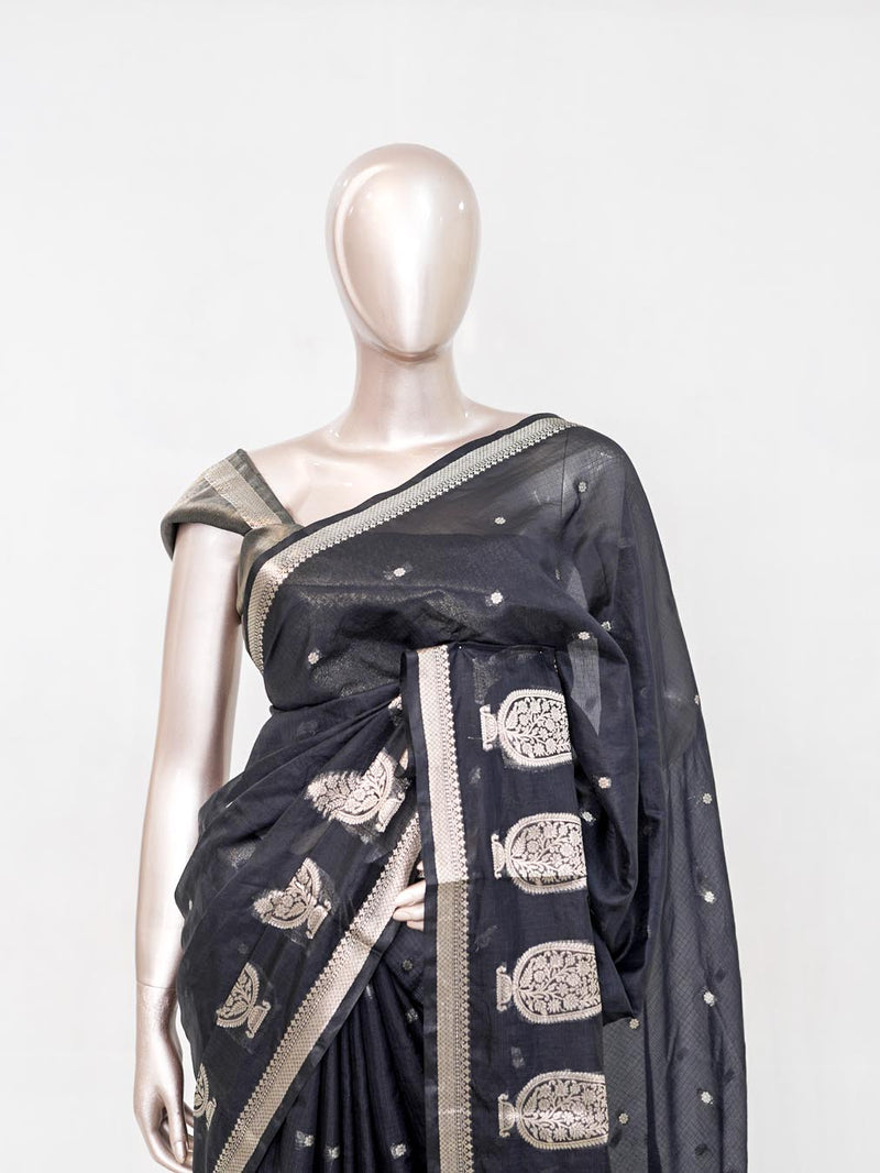 Charcoal Black Semi Silk Kota Saree with Silver Zari Border  SAN5486