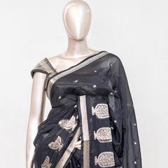 Charcoal Black Semi Silk Kota Saree with Silver Zari Border  SAN5486