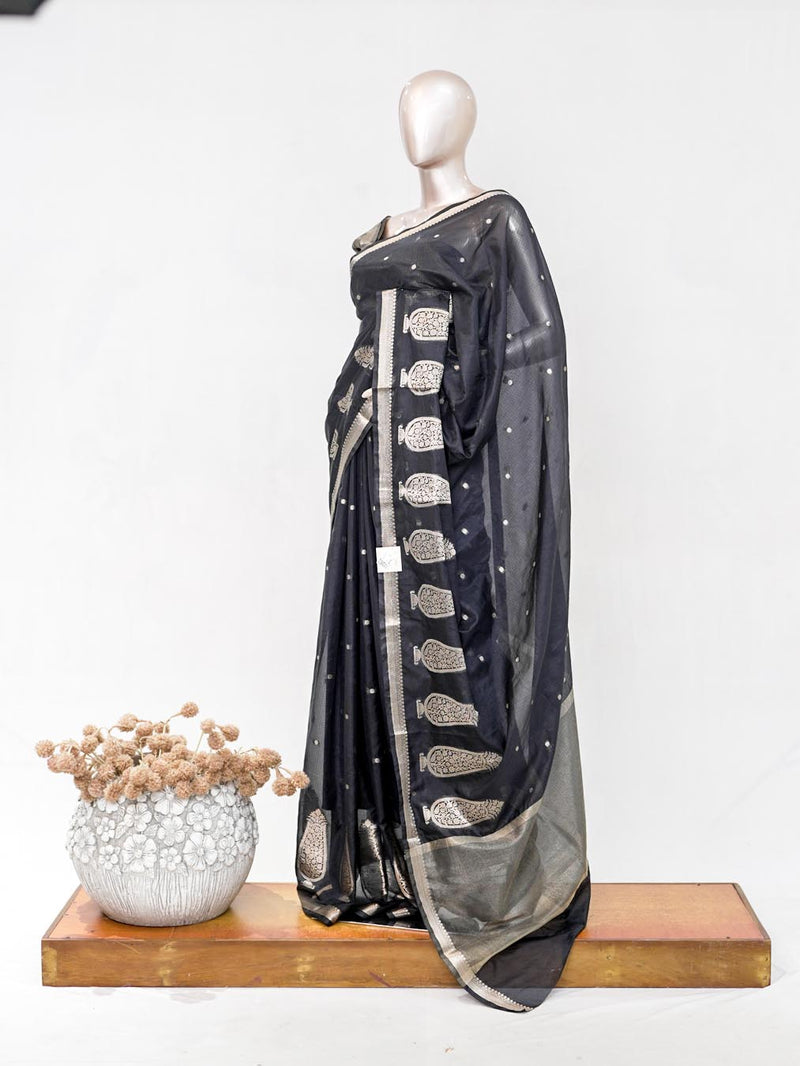 Charcoal Black Semi Silk Kota Saree with Silver Zari Border  SAN5486