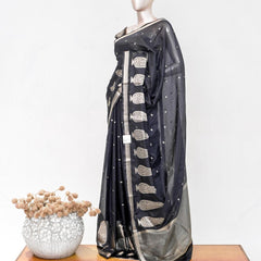 Charcoal Black Semi Silk Kota Saree with Silver Zari Border  SAN5486