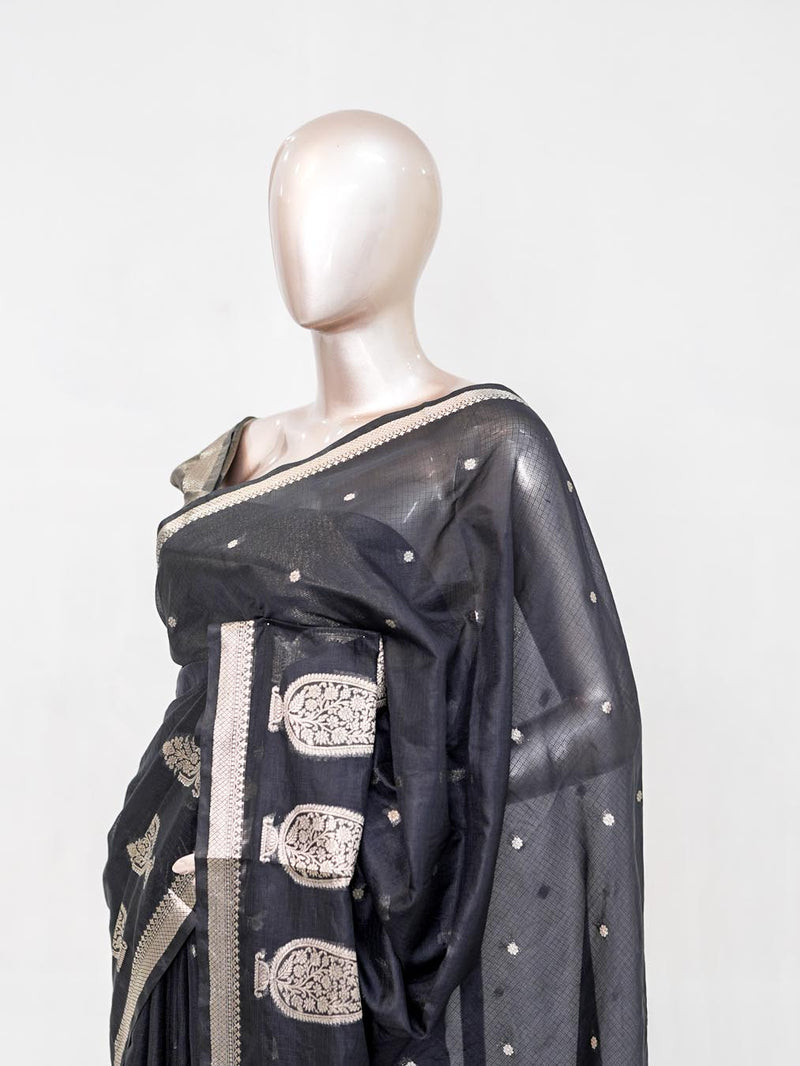 Charcoal Black Semi Silk Kota Saree with Silver Zari Border  SAN5486