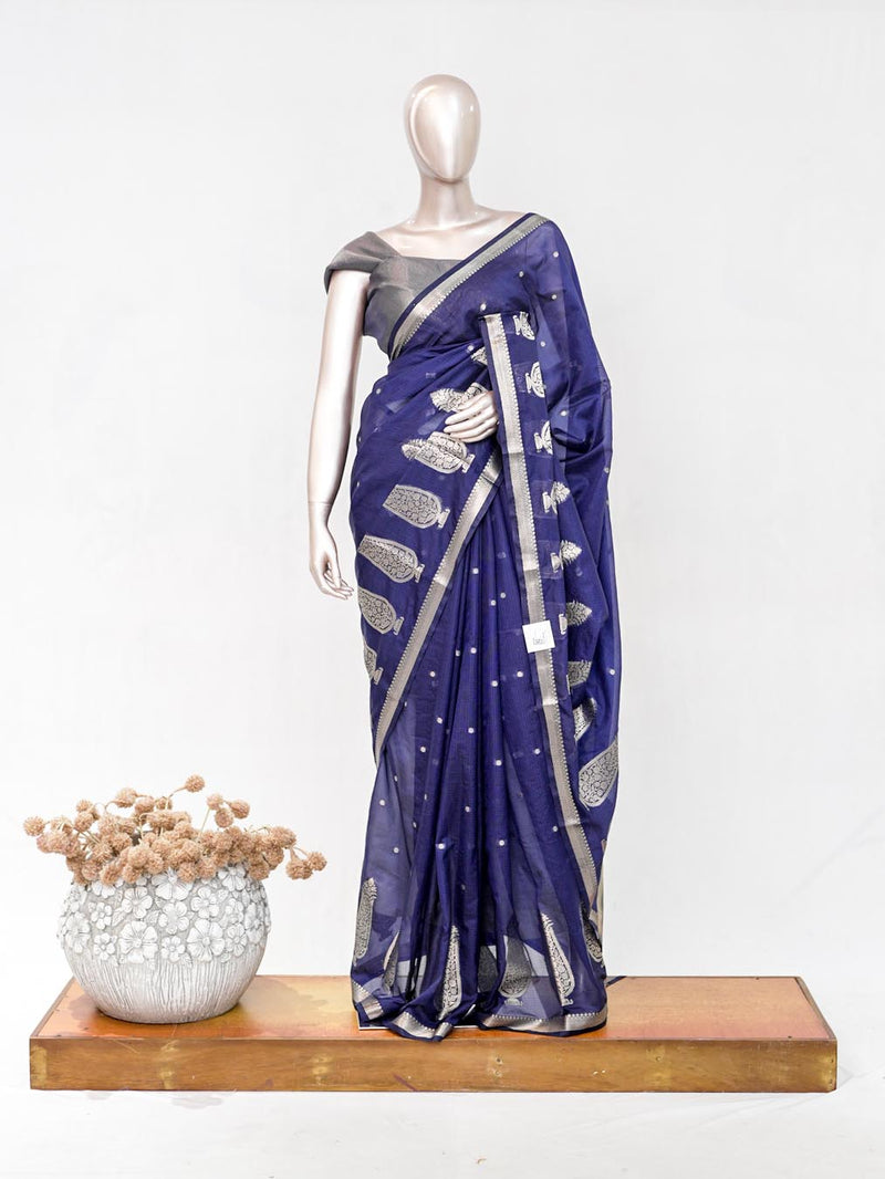 Royal Blue Semi Silk Kota Saree with Silver Zari Border  SAN5486