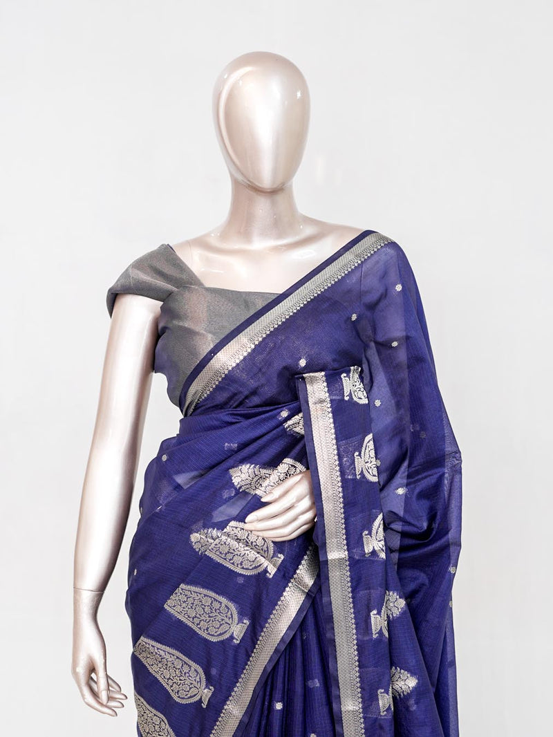 Royal Blue Semi Silk Kota Saree with Silver Zari Border  SAN5486