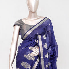 Royal Blue Semi Silk Kota Saree with Silver Zari Border  SAN5486