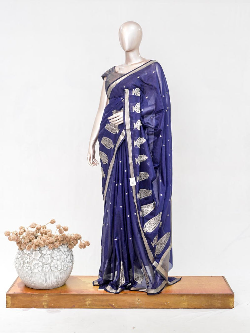 Royal Blue Semi Silk Kota Saree with Silver Zari Border  SAN5486