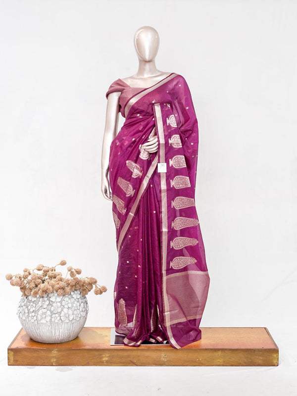 Rani Pink Semi Silk Kota Saree with Rose Gold Zari Border SAN5486