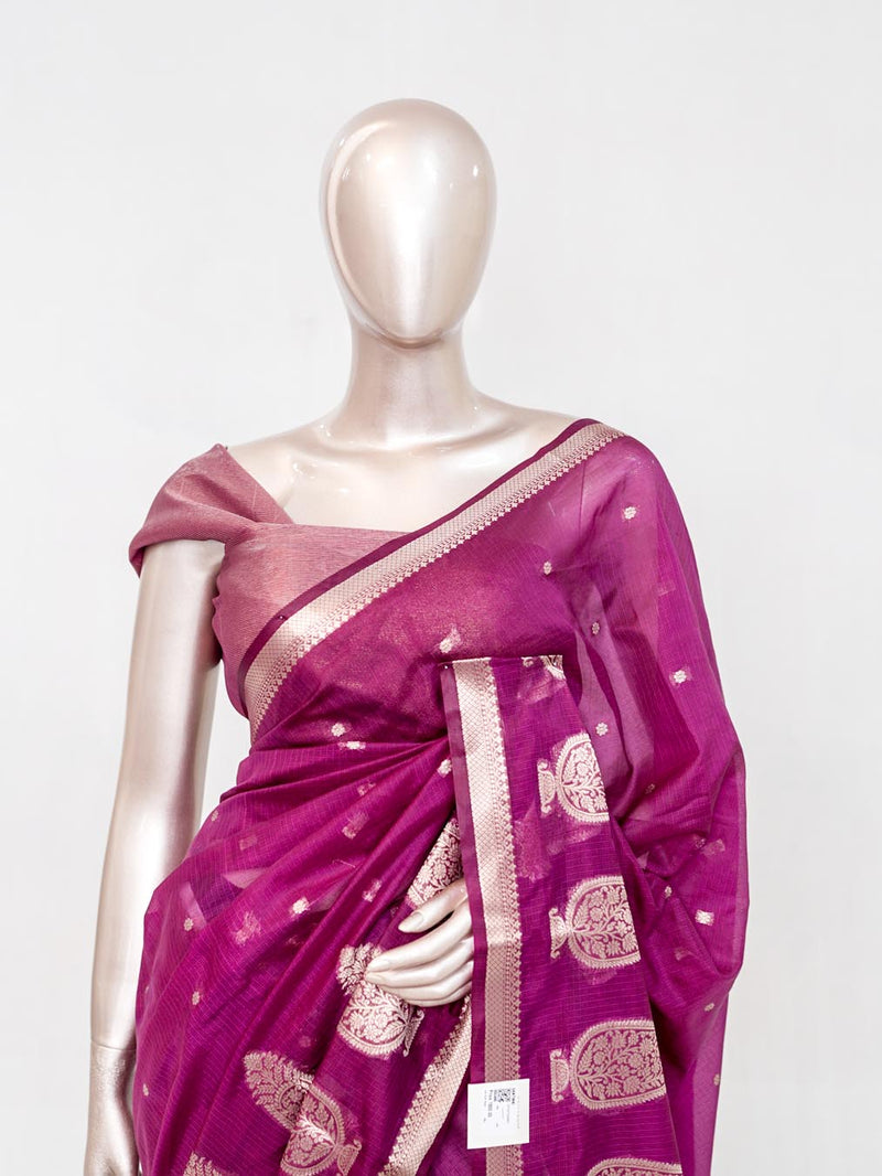 Rani Pink Semi Silk Kota Saree with Rose Gold Zari Border SAN5486