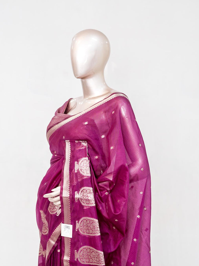 Rani Pink Semi Silk Kota Saree with Rose Gold Zari Border SAN5486