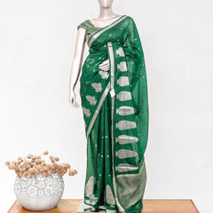 Emerald Green Semi Silk Kota Saree with Silver Zari Border  SAN5486