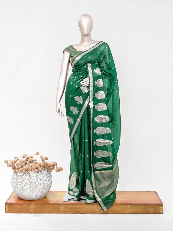 Emerald Green Semi Silk Kota Saree with Silver Zari Border  SAN5486