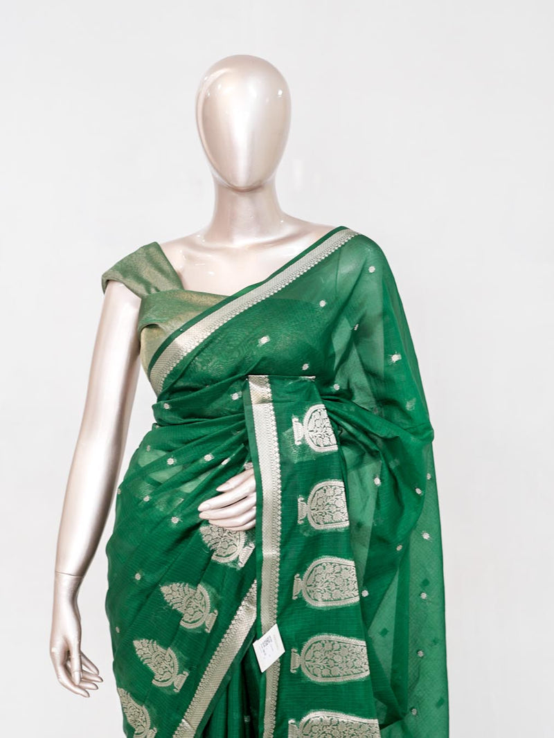 Emerald Green Semi Silk Kota Saree with Silver Zari Border  SAN5486