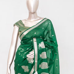 Emerald Green Semi Silk Kota Saree with Silver Zari Border  SAN5486