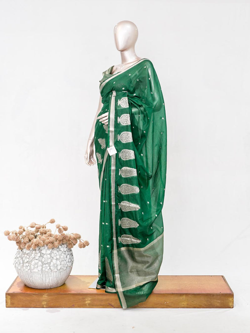 Emerald Green Semi Silk Kota Saree with Silver Zari Border  SAN5486