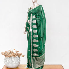 Emerald Green Semi Silk Kota Saree with Silver Zari Border  SAN5486