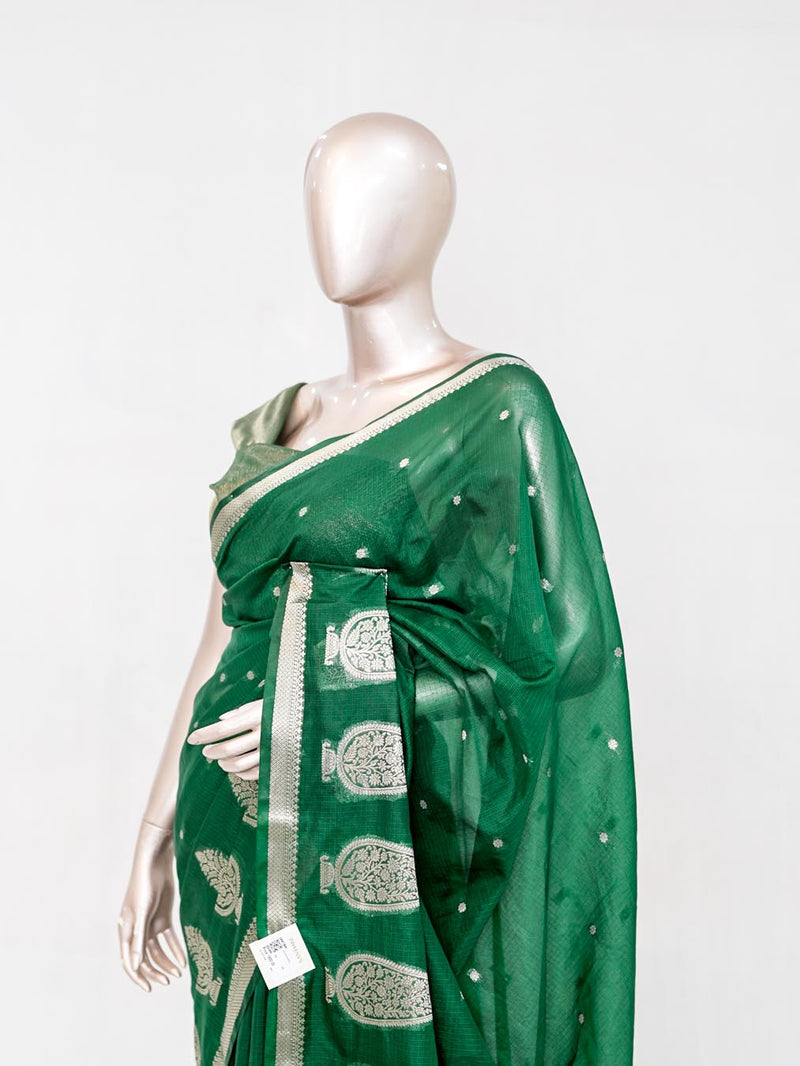 Emerald Green Semi Silk Kota Saree with Silver Zari Border  SAN5486
