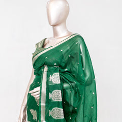 Emerald Green Semi Silk Kota Saree with Silver Zari Border  SAN5486