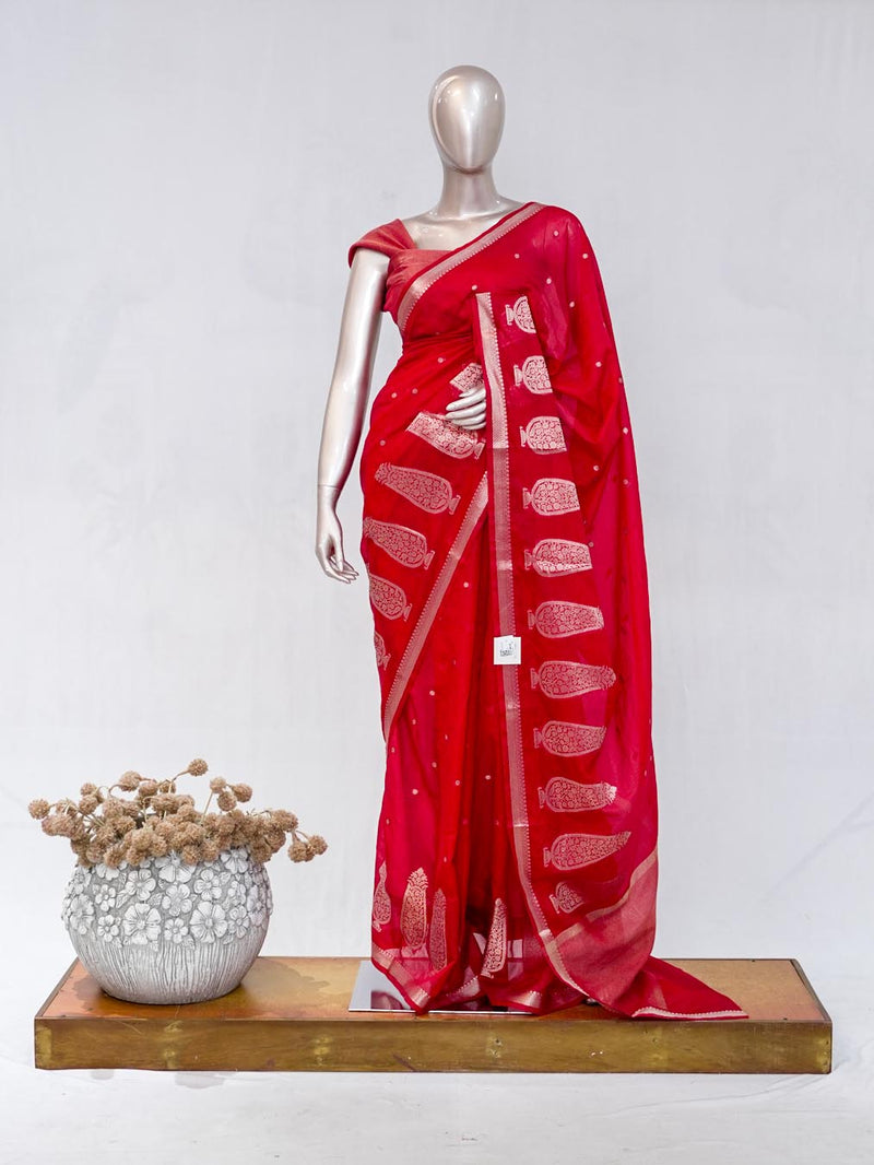 Crimson Red Semi Silk Kota Saree with Rose Gold Zari Border SAN5486
