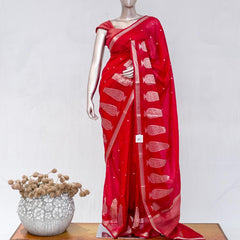 Crimson Red Semi Silk Kota Saree with Rose Gold Zari Border SAN5486