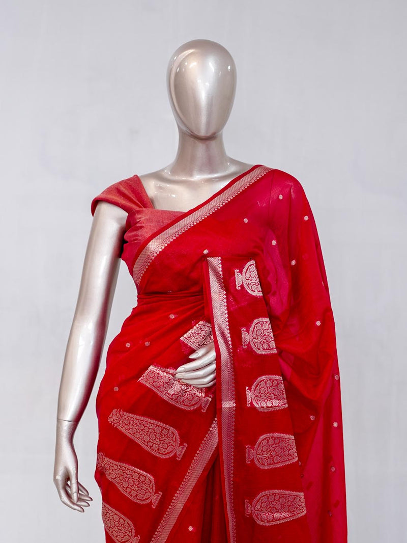 Crimson Red Semi Silk Kota Saree with Rose Gold Zari Border SAN5486