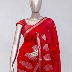 Crimson Red Semi Silk Kota Saree with Rose Gold Zari Border SAN5486