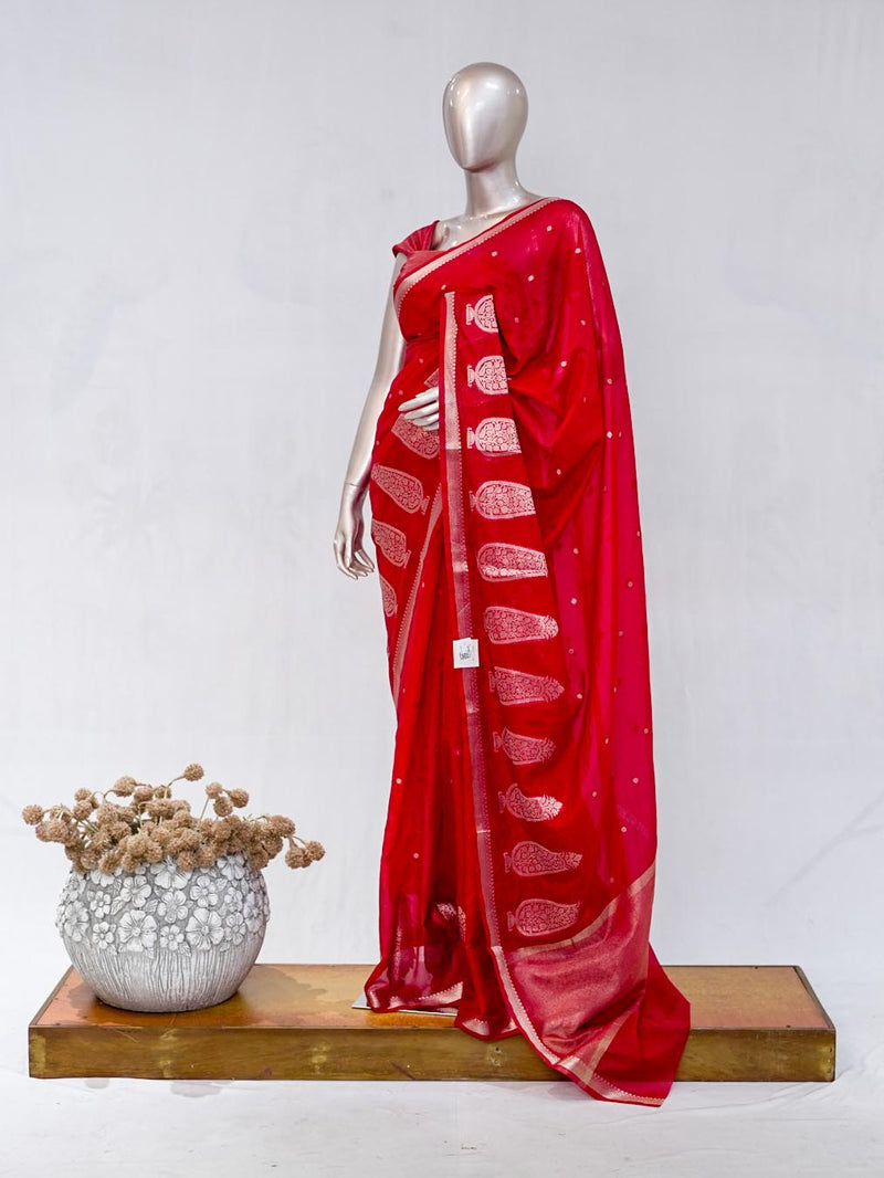 Crimson Red Semi Silk Kota Saree with Rose Gold Zari Border SAN5486
