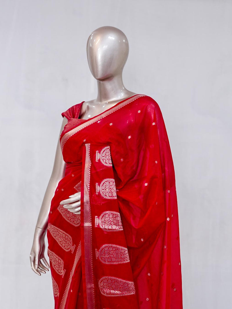 Crimson Red Semi Silk Kota Saree with Rose Gold Zari Border SAN5486