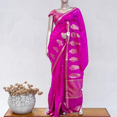Fuchsia Pink Semi Silk Kota Saree with Rose Gold Zari Border