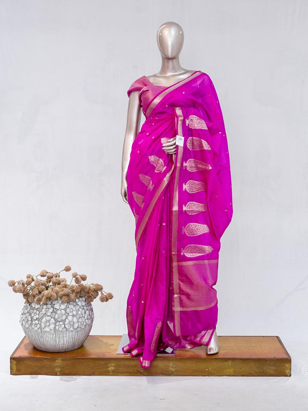 Fuchsia Pink Semi Silk Kota Saree with Rose Gold Zari Border