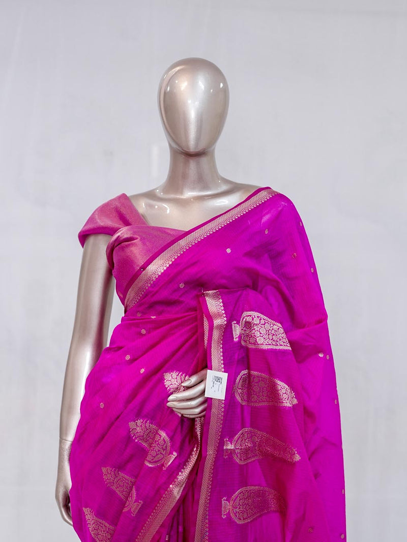 Fuchsia Pink Semi Silk Kota Saree with Rose Gold Zari Border
