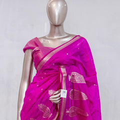 Fuchsia Pink Semi Silk Kota Saree with Rose Gold Zari Border