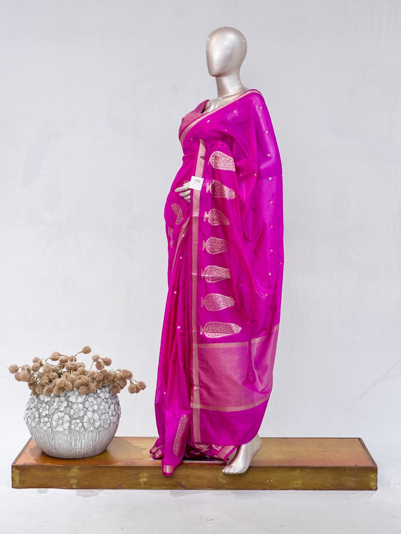 Fuchsia Pink Semi Silk Kota Saree with Rose Gold Zari Border