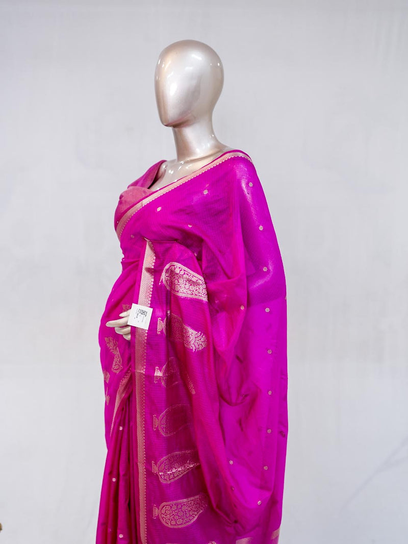 Fuchsia Pink Semi Silk Kota Saree with Rose Gold Zari Border