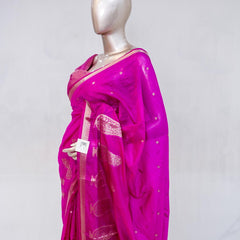 Fuchsia Pink Semi Silk Kota Saree with Rose Gold Zari Border