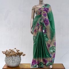 Emerald Green Paper Silk Saree with Floral Digital Print