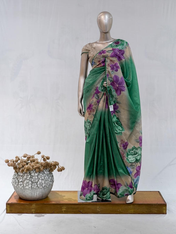 Emerald Green Paper Silk Saree with Floral Digital Print